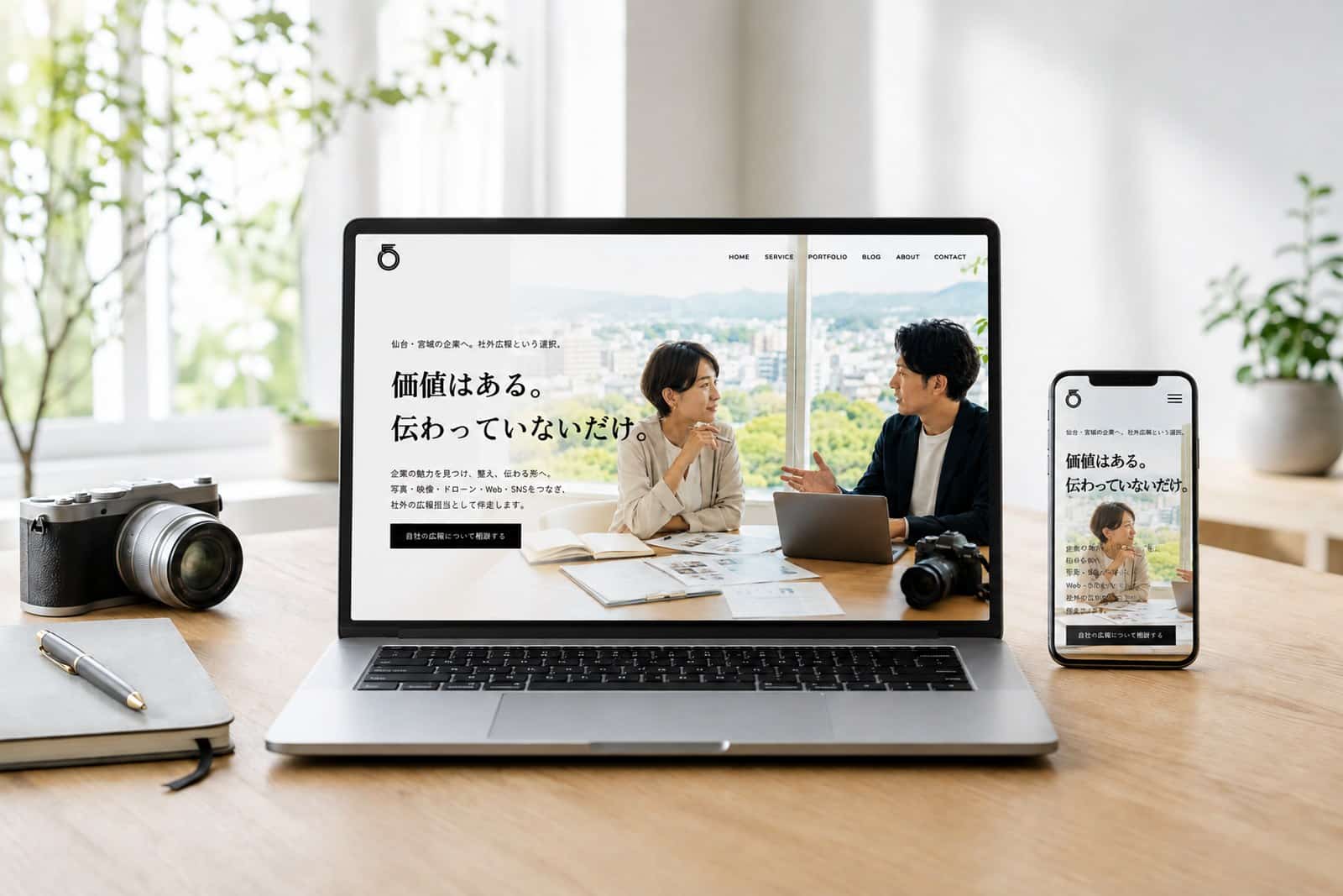 社外広報室のWebサイトを表示したノートパソコンとスマートフォン